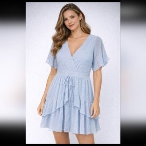 Showpo Blue Swiss Dot Ruffle Tiered Mini Dress Flutter Sleeve V-Neck Size Small